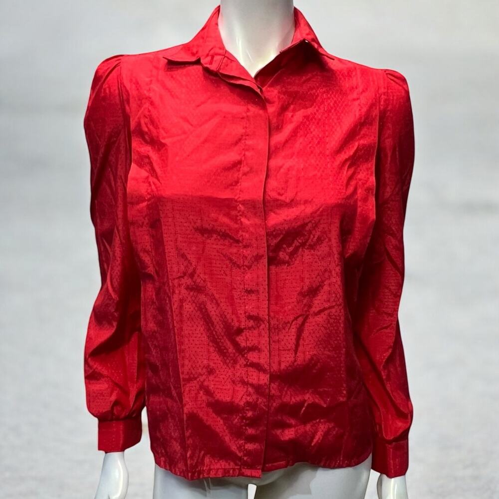 Vintage Bryn Mawr Red Satin Button-Down Blouse - … - image 1